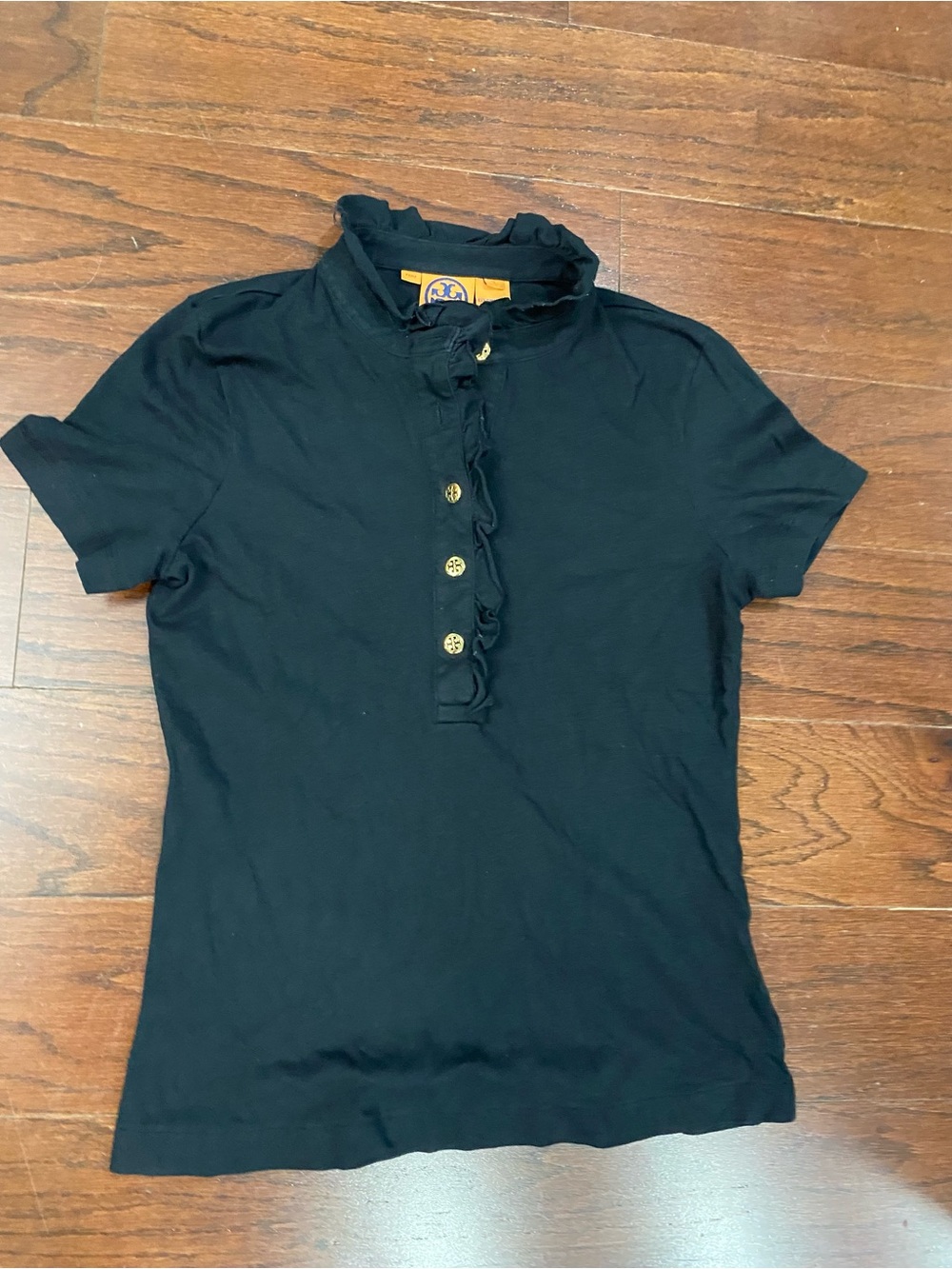 Tory Burch Black Lidia Short Sleeve Polo w/Ruffle S